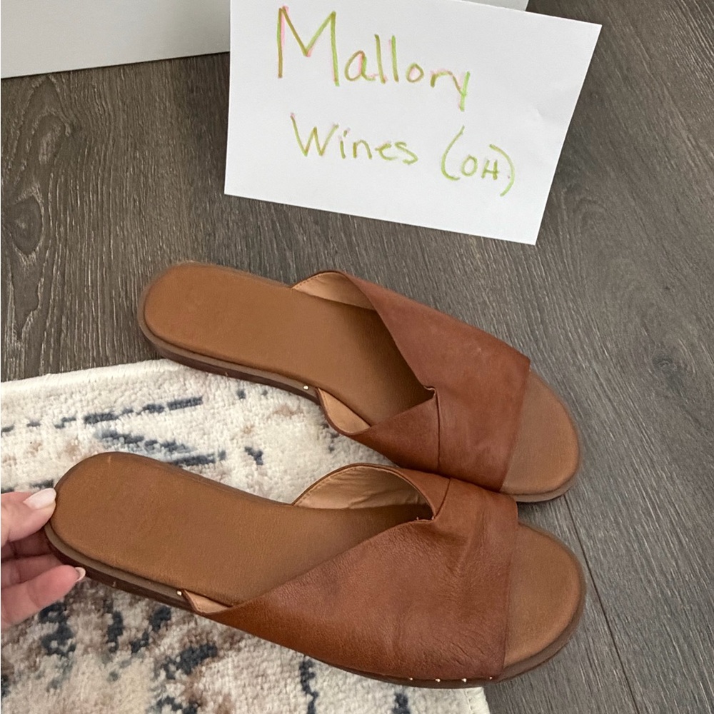 Franco Sarto Brown Leather Cross-Band Slide Sandals